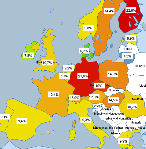 [kort som angiver hvor en stor en del af browsermarkedet Firefox sidder på i forskellige europæiske lande]
